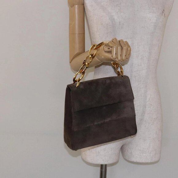 Salvatore Ferragamo Chain Hand Bag Suede Gray Gold Auth BA4690 - Picture 15 of 16